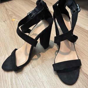Black Suede Strappy Block Heel Sandals